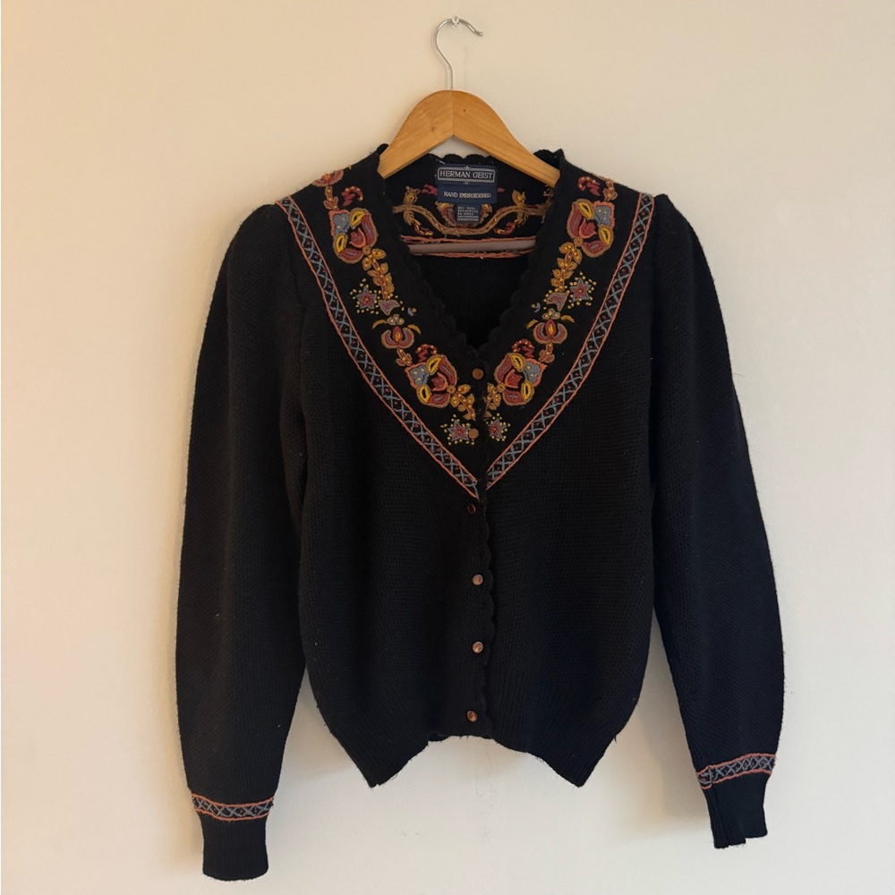 Herman Geist Hand Embroidered Wool Button Up Cardigan